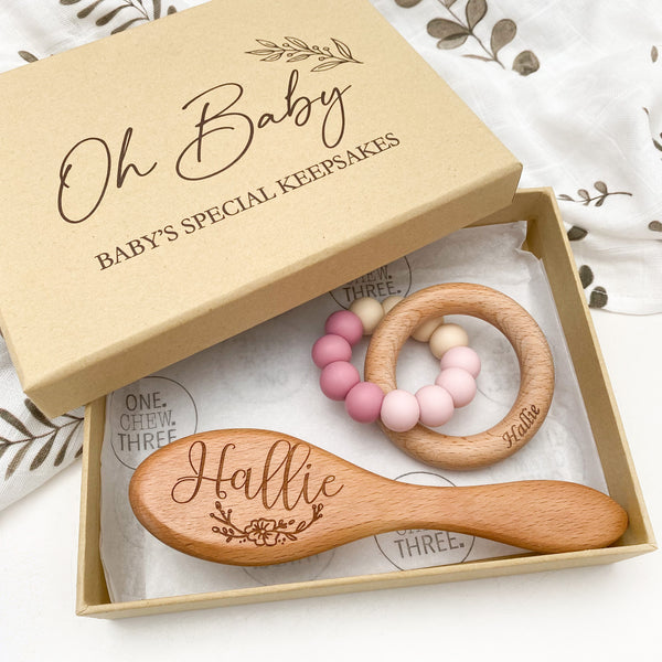 Keepsake Box Gift Set - Personalised Brush and Teether