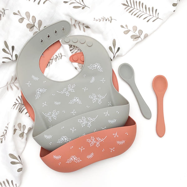 Silicone Catch Bib & Spoon Set - Christmas Foliage