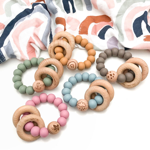 ELEMENTS Silicone and Beech Wood Rattle Teether