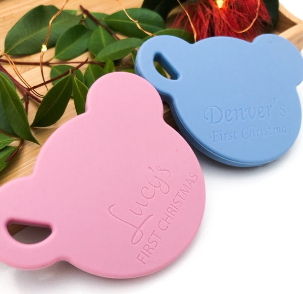 Personalised First Christmas BEAR Silicone Teething Disc - Teethers - ONE.CHEW.THREE Boutique teething, modern accessories