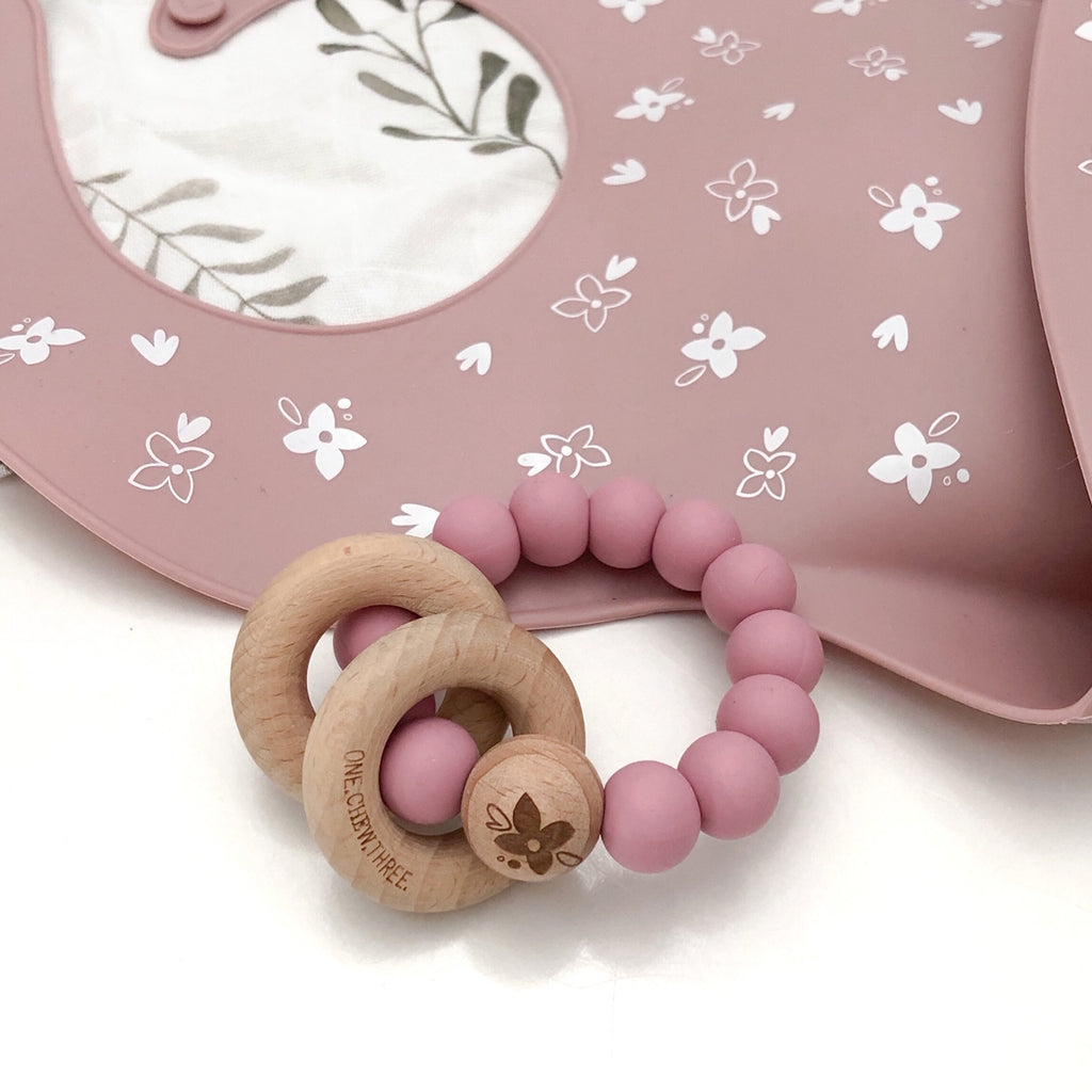 ELEMENTS Silicone and Beech Wood Rattle Teether