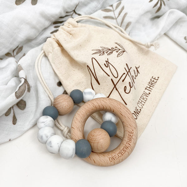 SINGLE RATTLE Silicone and Beech Wood Teether - Teething baby ...