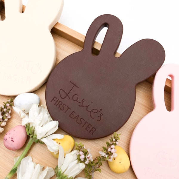 Personalised First Easter BUNNY Silicone Teething Disc - Teethers - ONE.CHEW.THREE Boutique teething, modern accessories
