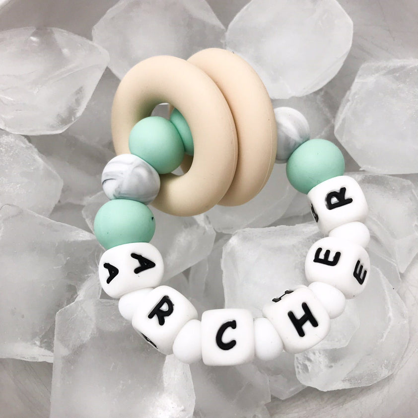 A Personalised Silicone NAME Teether ONE.CHEW.THREE