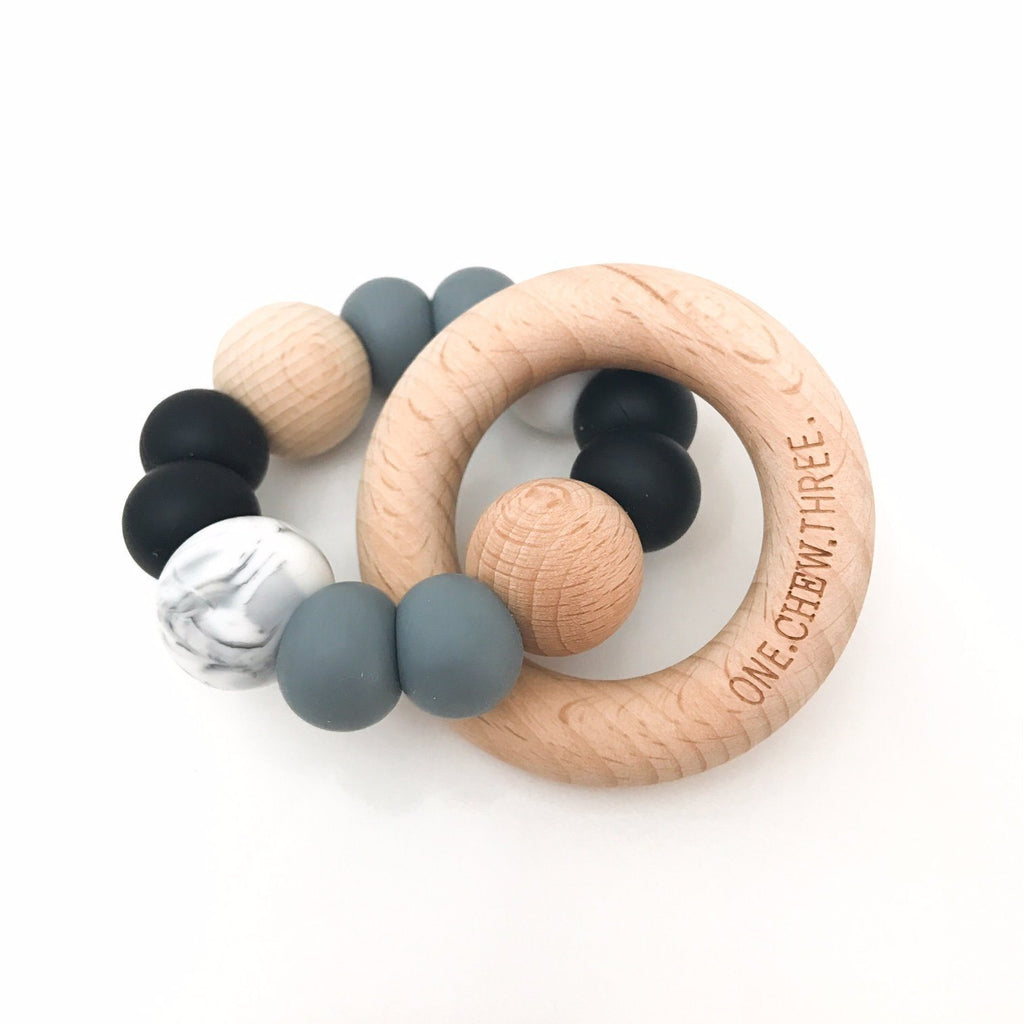 SINGLE RATTLE (Marble Accent) Silicone and Beech Wood Teether - Teethers - ONE.CHEW.THREE Boutique teething, modern accessories